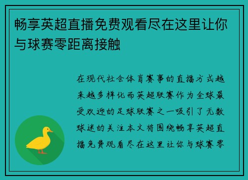 畅享英超直播免费观看尽在这里让你与球赛零距离接触